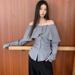One-Shoulder Lace Striped Shirt Women 2025 Autumn New High Waist Elegant Long Sleeve Top