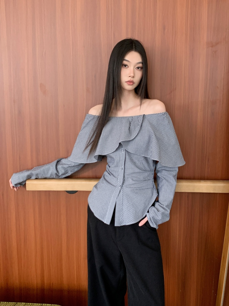 One-Shoulder Lace Striped Shirt Women 2025 Autumn New High Waist Elegant Long Sleeve Top