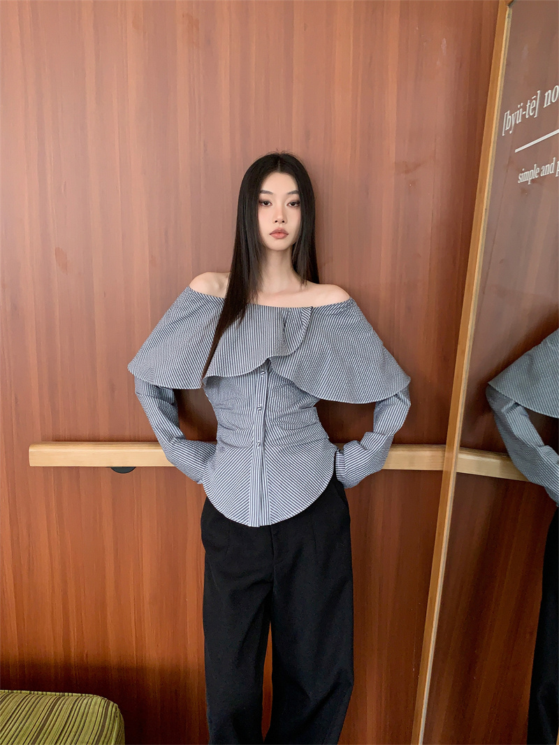 One-Shoulder Lace Striped Shirt Women 2025 Autumn New High Waist Elegant Long Sleeve Top - Image 3
