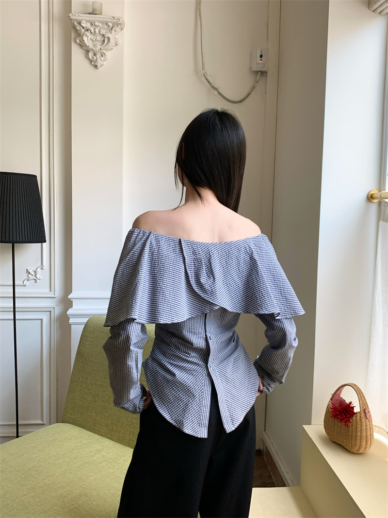 One-Shoulder Lace Striped Shirt Women 2025 Autumn New High Waist Elegant Long Sleeve Top - Image 2