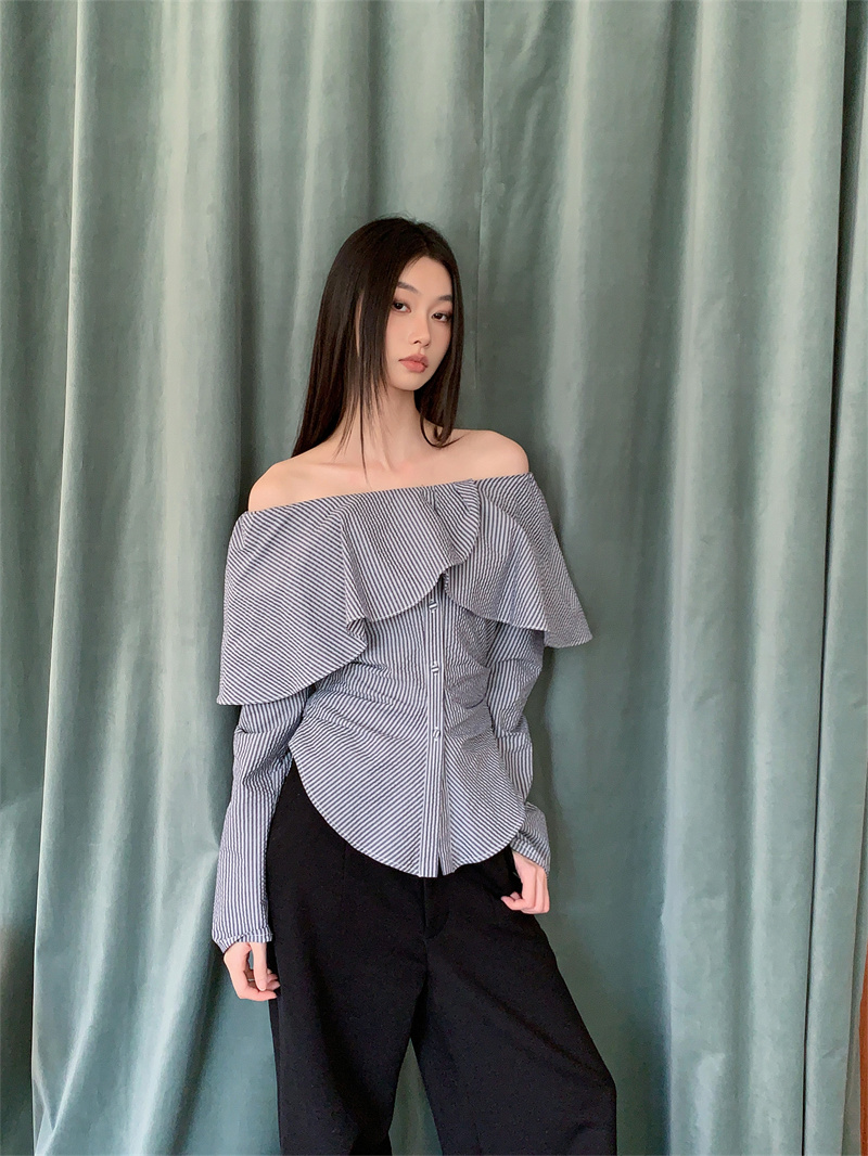 One-Shoulder Lace Striped Shirt Women 2025 Autumn New High Waist Elegant Long Sleeve Top - Image 4