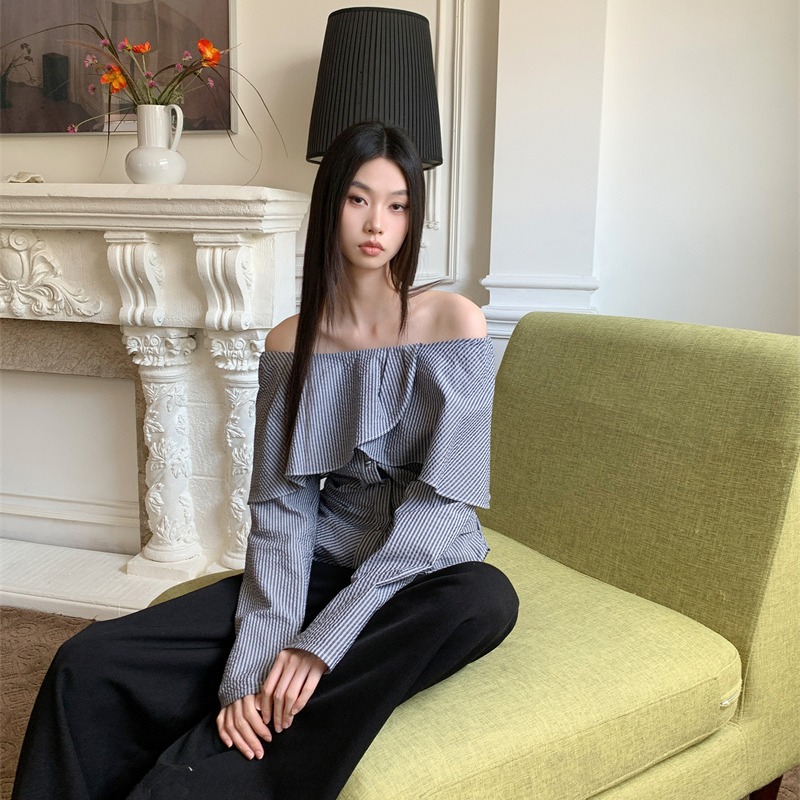One-Shoulder Lace Striped Shirt Women 2025 Autumn New High Waist Elegant Long Sleeve Top - Image 5