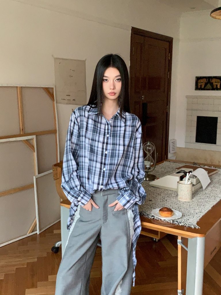 Loose Plaid Shirt with Hem Ties and Multi-Way Styling