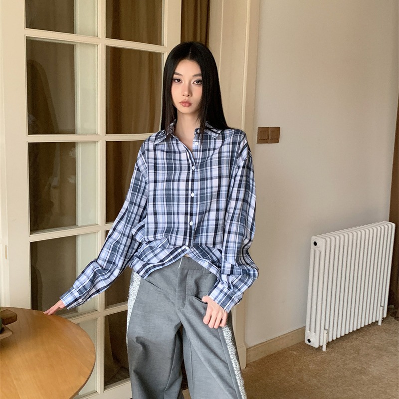 Loose Plaid Shirt with Hem Ties and Multi-Way Styling - Image 5
