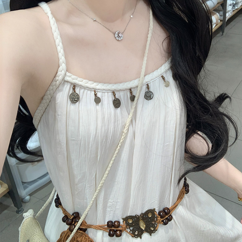 Bohemian Vintage Sleeveless Long Dress Solid Color Vacation Dress with Belt
