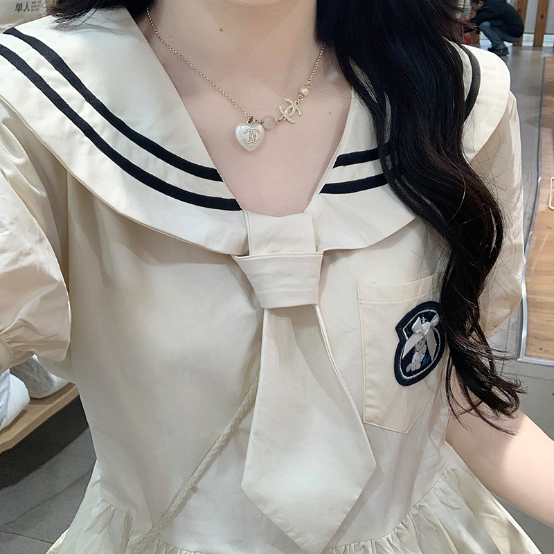 Preppy Style Dress Summer New Navy Collar Tie Waist Midi Dress