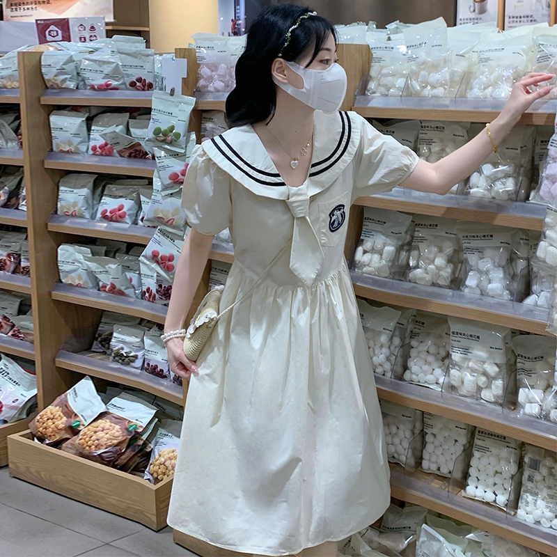 Preppy Style Dress Summer New Navy Collar Tie Waist Midi Dress - Image 2