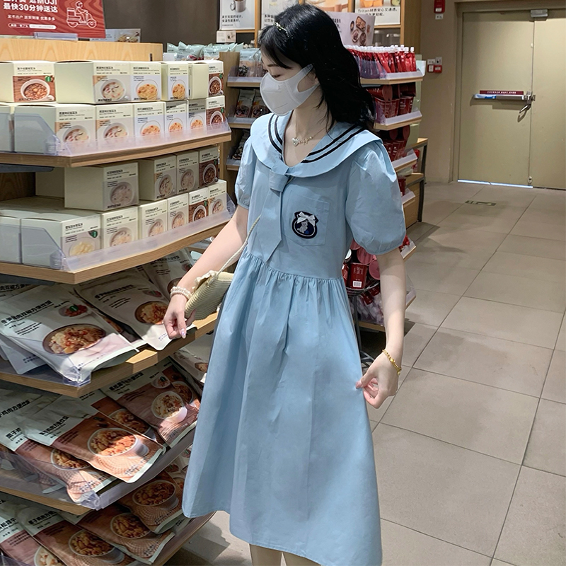 Preppy Style Dress Summer New Navy Collar Tie Waist Midi Dress - Image 3