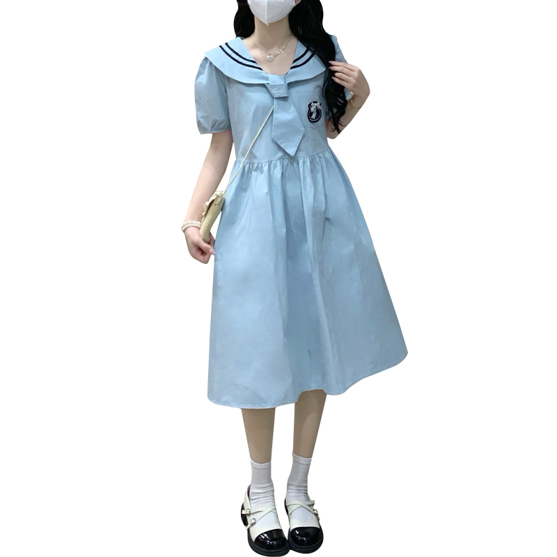 Preppy Style Dress Summer New Navy Collar Tie Waist Midi Dress - Image 5