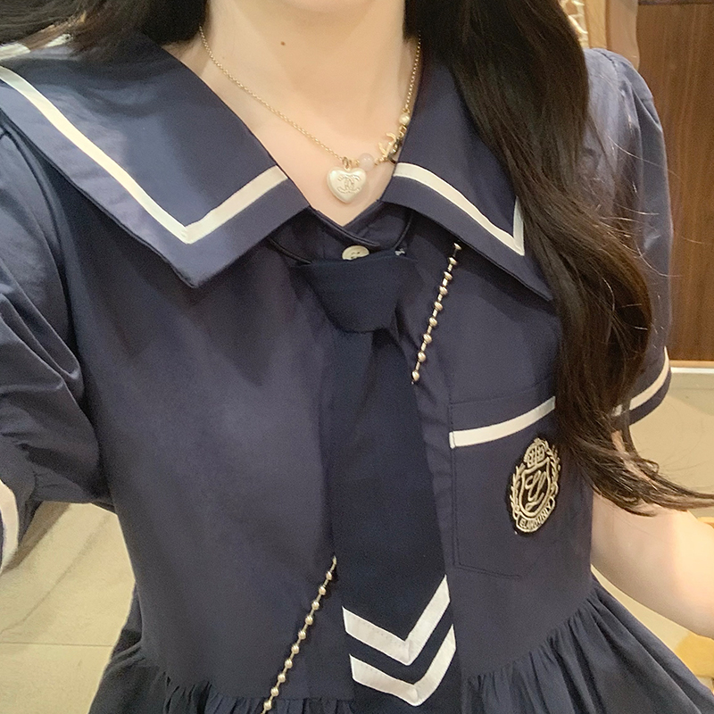 Academy Style Dress Summer New Navy Collar Tie Waist Midi Dress