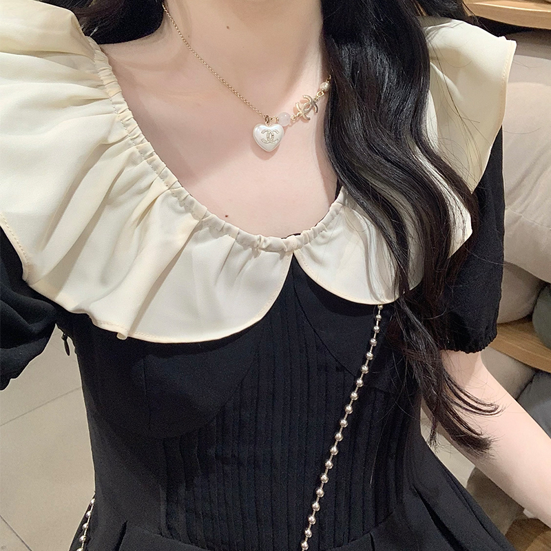 Korean Style Black A-Line Faux Two-Piece Dress for Women