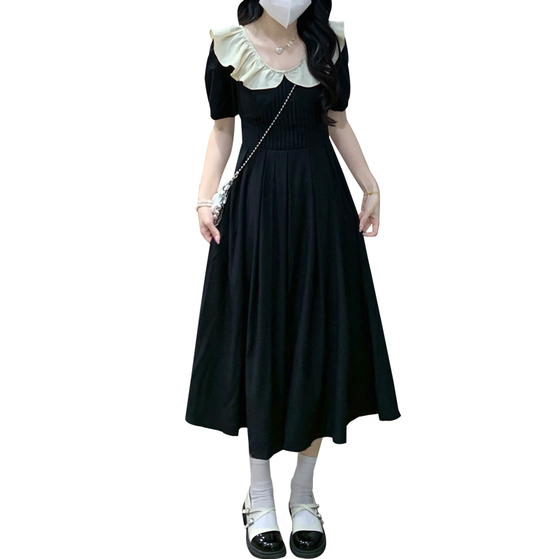 Korean Style Black A-Line Faux Two-Piece Dress for Women - Image 5
