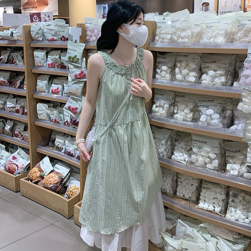 Women Summer Sleeveless Halter A-Line Long Dress with Layered Look - Image 3