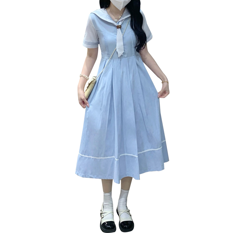 Preppy Sailor Collar White Short Sleeve Dress 2025 Spring Summer Petite JK Uniform Style - Image 5