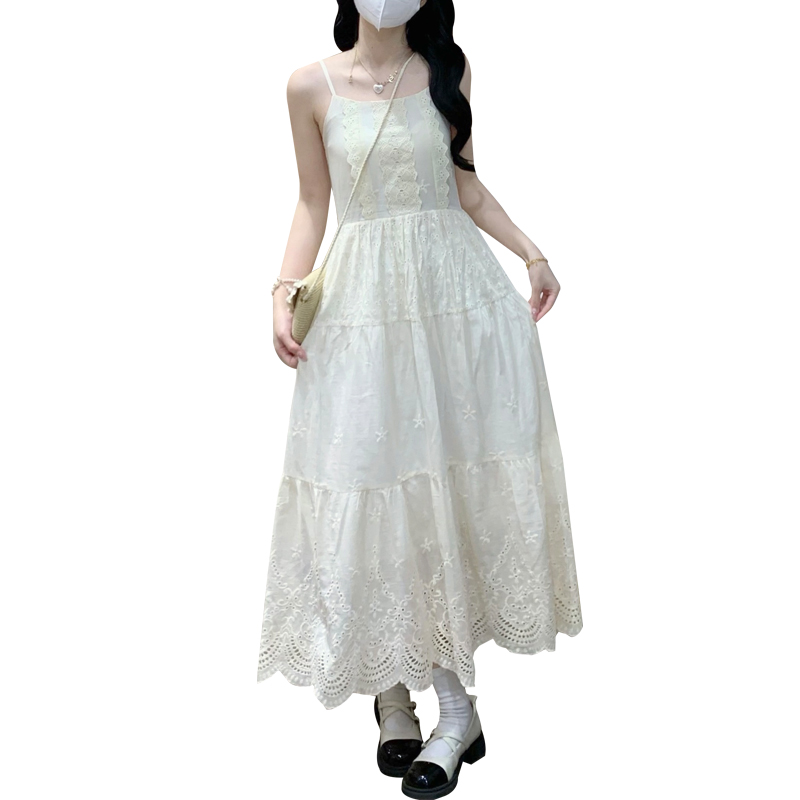 French Lace Trim Embroidered Floral Cami Dress with Flowing Hem for Vacation - Image 5