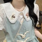 Sweet Mori Girl Faux Two-Piece Dress with Horn Buttons Romantic Youthful First Love Style