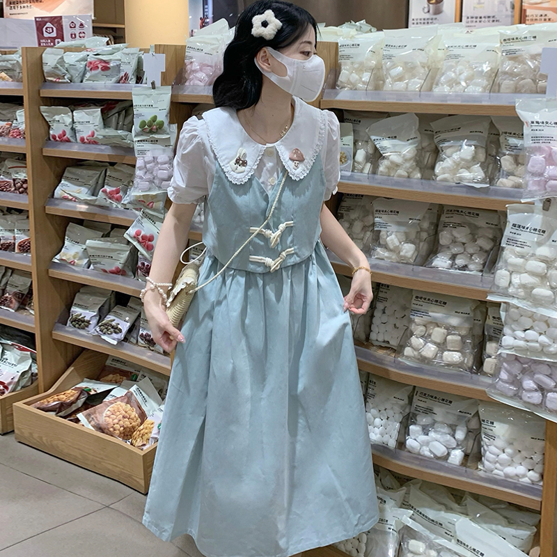 Sweet Mori Girl Faux Two-Piece Dress with Horn Buttons Romantic Youthful First Love Style - Image 2