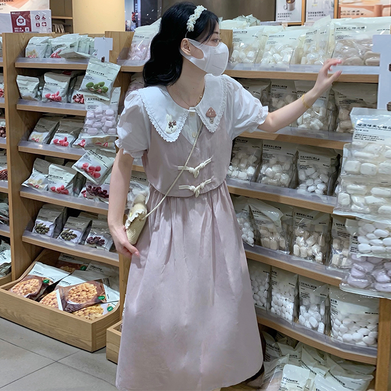 Sweet Mori Girl Faux Two-Piece Dress with Horn Buttons Romantic Youthful First Love Style - Image 3