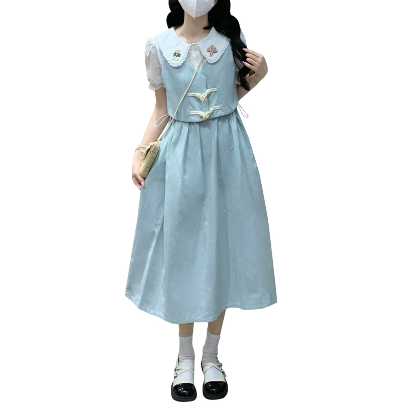 Sweet Mori Girl Faux Two-Piece Dress with Horn Buttons Romantic Youthful First Love Style - Image 5