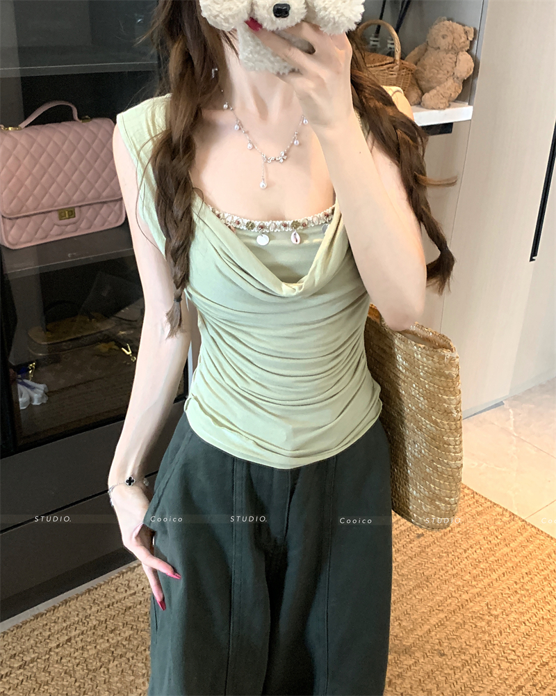 Women's Sleeveless Cowl Neck T-Shirt Summer 2026 French Style - Image 3