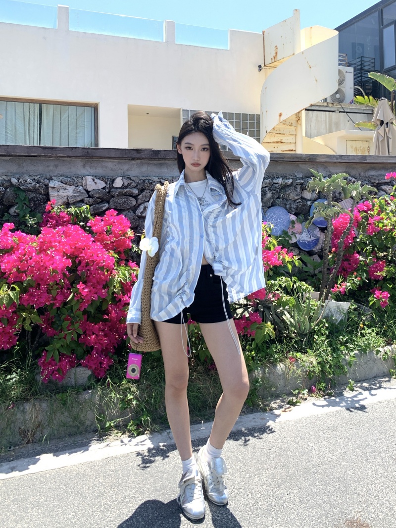 Light Blue Striped Long Sleeve Women's Shirt Liu Yase Style Lazy Shirt Jacket Top - Image 4