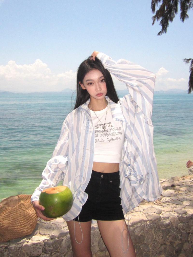 Light Blue Striped Long Sleeve Women's Shirt Liu Yase Style Lazy Shirt Jacket Top - Image 2