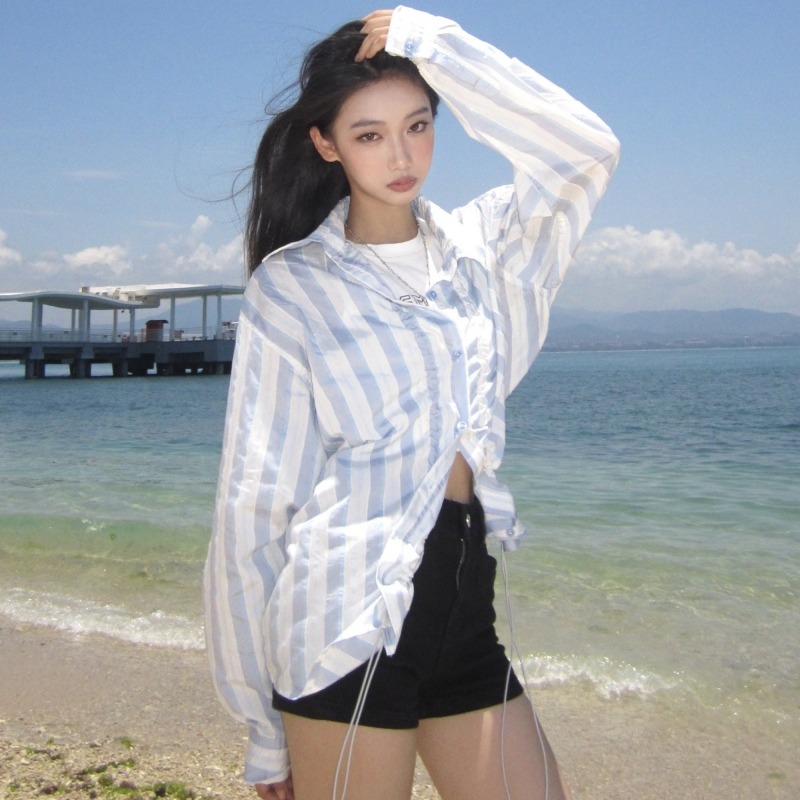 Light Blue Striped Long Sleeve Women's Shirt Liu Yase Style Lazy Shirt Jacket Top - Image 5