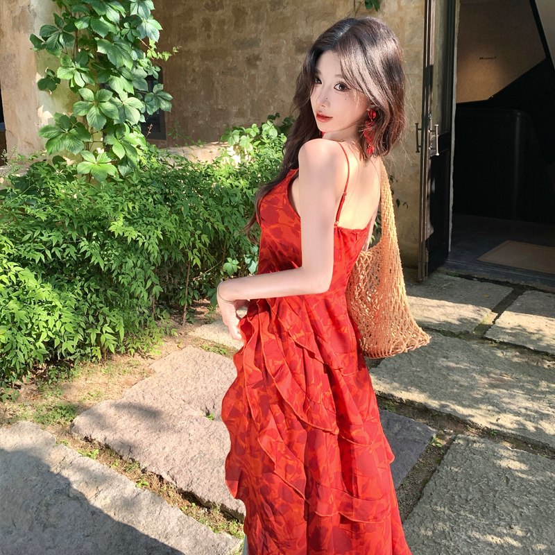 French Vacation Style V-Neck Red 3D Rose Print Camisole Top - Image 4