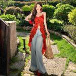 French Vacation Style V-Neck Red 3D Rose Print Camisole Top