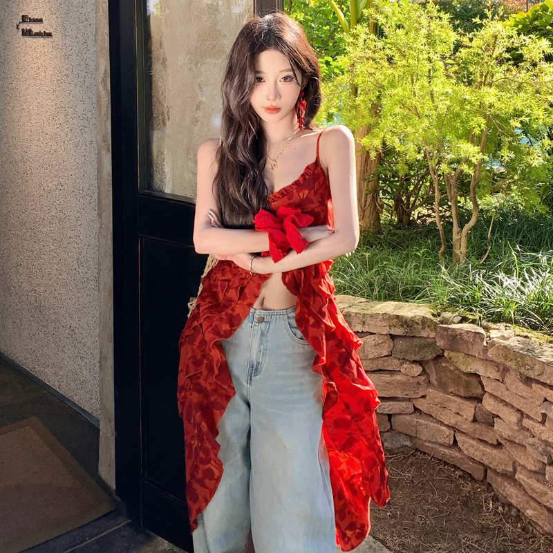 French Vacation Style V-Neck Red 3D Rose Print Camisole Top - Image 5