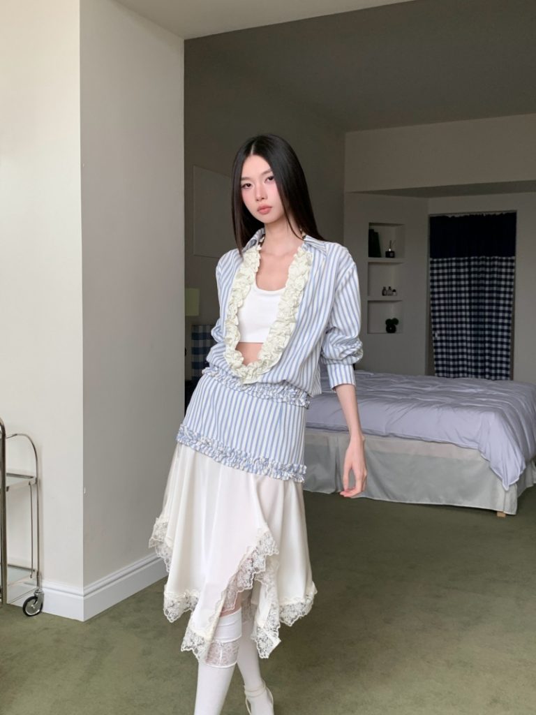 French Striped Blue Shirt Top Women Summer Design Niche