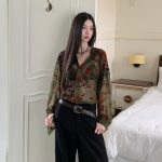 Sheer Mesh Flocked Vintage Romantic Long Sleeve Shirt for Men and Women