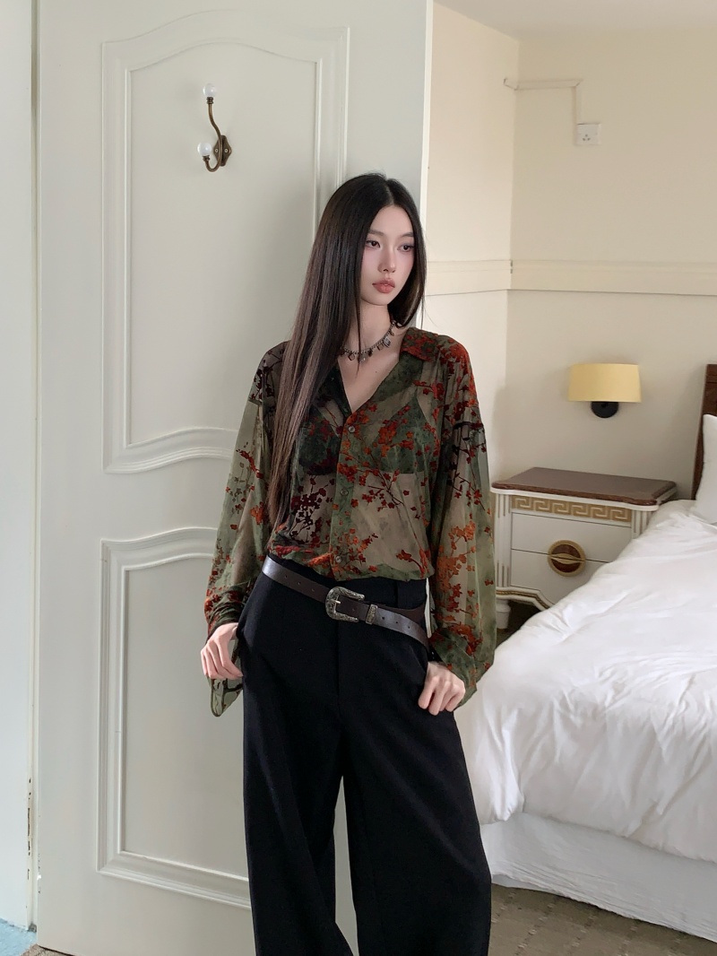 Sheer Mesh Flocked Vintage Romantic Long Sleeve Shirt for Men and Women