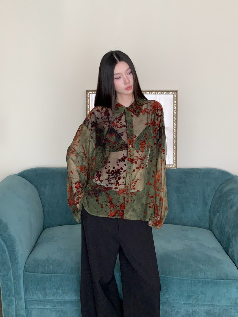 Sheer Mesh Flocked Vintage Romantic Long Sleeve Shirt for Men and Women - Image 4