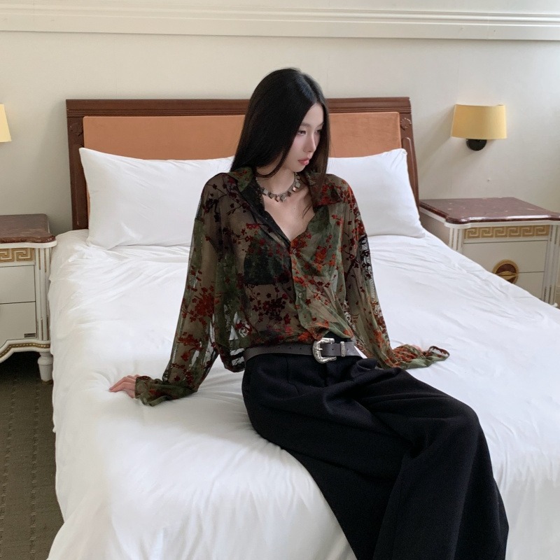 Sheer Mesh Flocked Vintage Romantic Long Sleeve Shirt for Men and Women - Image 5