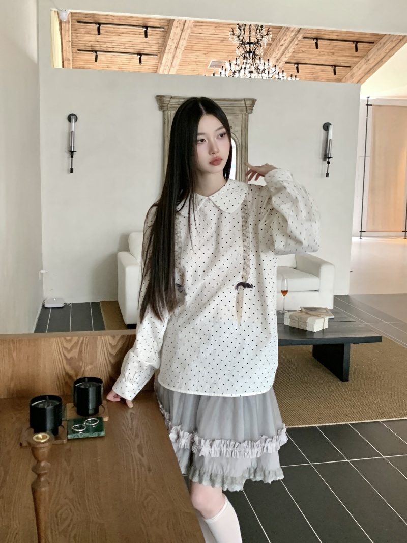 Two Braids Polka Dot Puff Sleeve Printed Back Placket Shirt with Double Layer Lace Cotton Base Tulle Skirt - Image 4