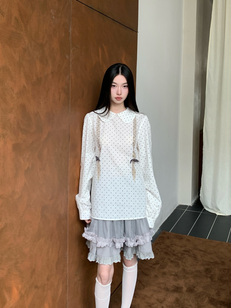 Two Braids Polka Dot Puff Sleeve Printed Back Placket Shirt with Double Layer Lace Cotton Base Tulle Skirt