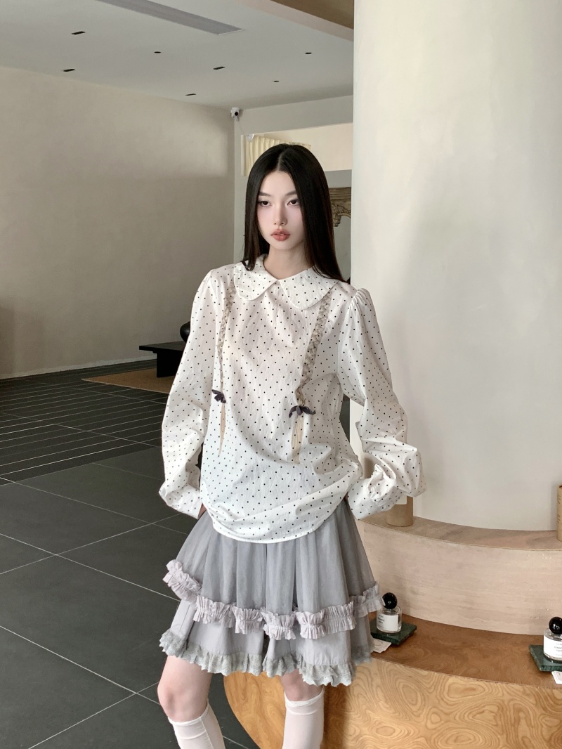Two Braids Polka Dot Puff Sleeve Printed Back Placket Shirt with Double Layer Lace Cotton Base Tulle Skirt - Image 3