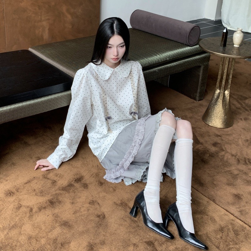 Two Braids Polka Dot Puff Sleeve Printed Back Placket Shirt with Double Layer Lace Cotton Base Tulle Skirt - Image 5