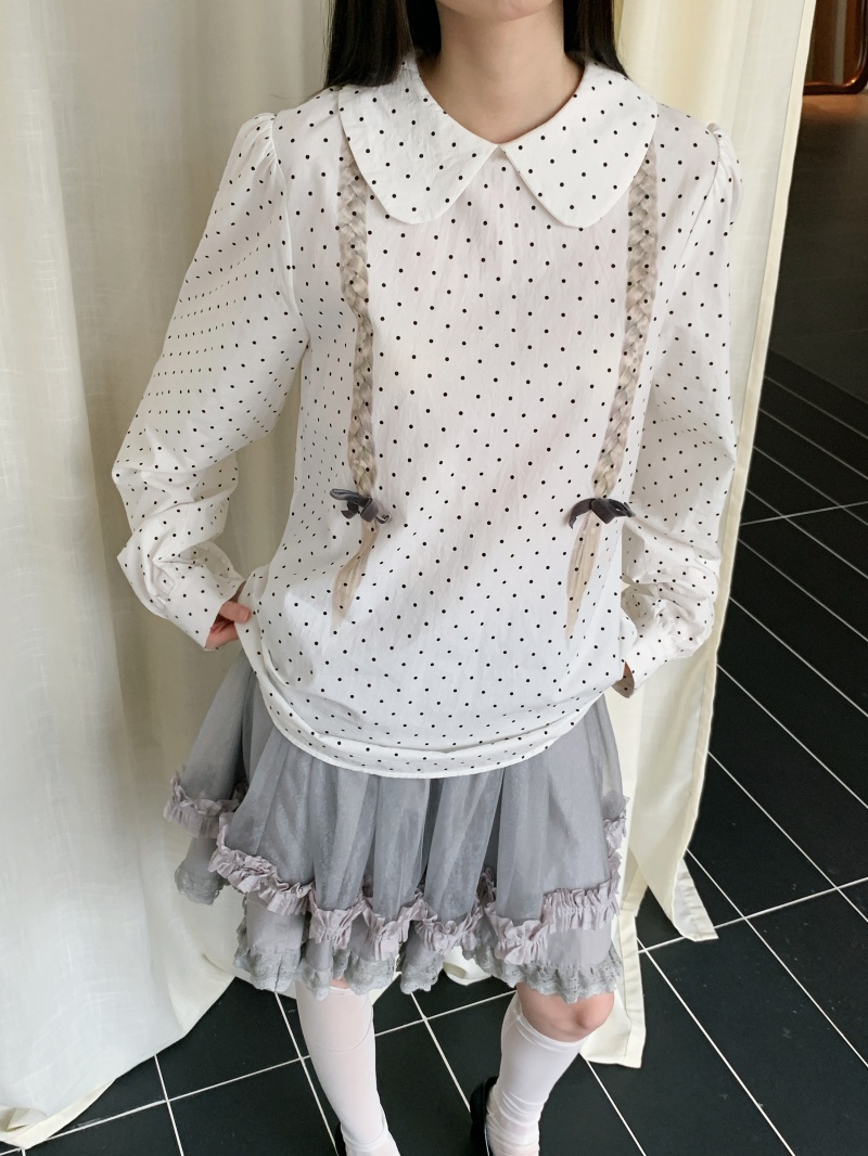 Two Braids Polka Dot Puff Sleeve Printed Back Placket Shirt with Double Layer Lace Cotton Base Tulle Skirt - Image 2