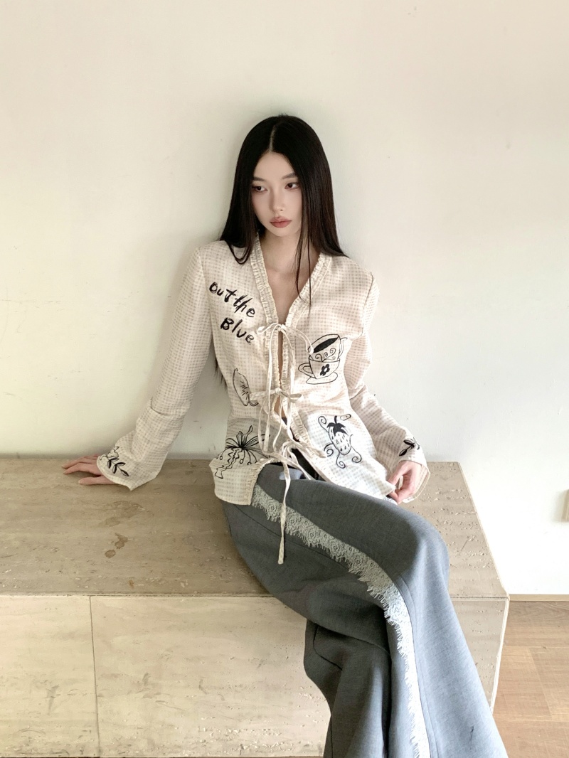 Cat Afternoon Tea Plaid Lace-Up Long Sleeve Shirt Cardigan