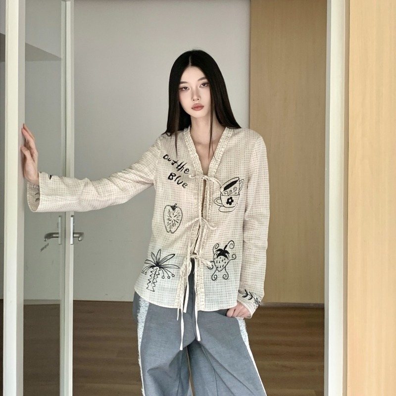 Cat Afternoon Tea Plaid Lace-Up Long Sleeve Shirt Cardigan - Image 5