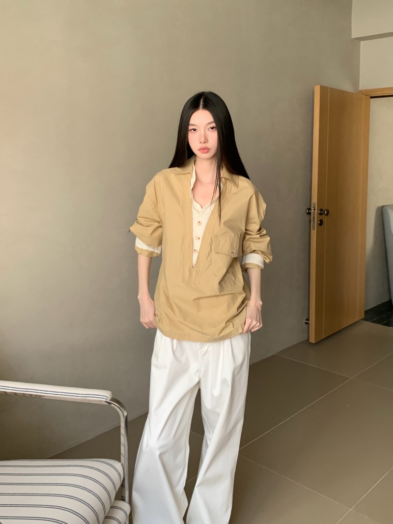 Women's Faux Two-Piece V-Neck Colorblock Loose Long Sleeve Shirt Fall Casual Top - Image 2