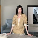 Women's Faux Two-Piece V-Neck Colorblock Loose Long Sleeve Shirt Fall Casual Top