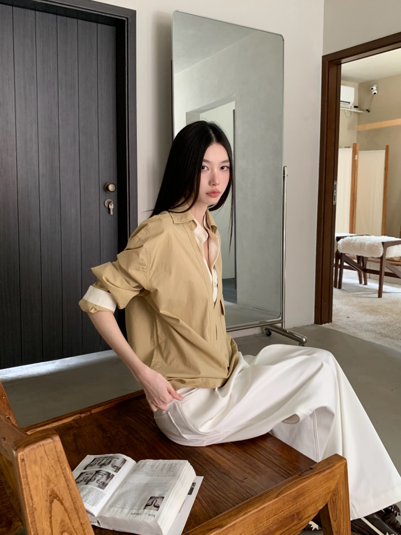 Women's Faux Two-Piece V-Neck Colorblock Loose Long Sleeve Shirt Fall Casual Top - Image 4