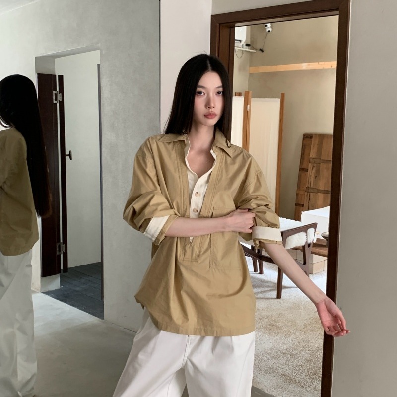Women's Faux Two-Piece V-Neck Colorblock Loose Long Sleeve Shirt Fall Casual Top - Image 5