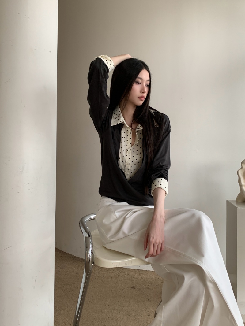 Original Faux Two-Piece Polka Dot V-Neck Shirt Lightweight Breathable Long Sleeve Top - Image 2