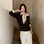 Original Faux Two-Piece Polka Dot V-Neck Shirt Lightweight Breathable Long Sleeve Top