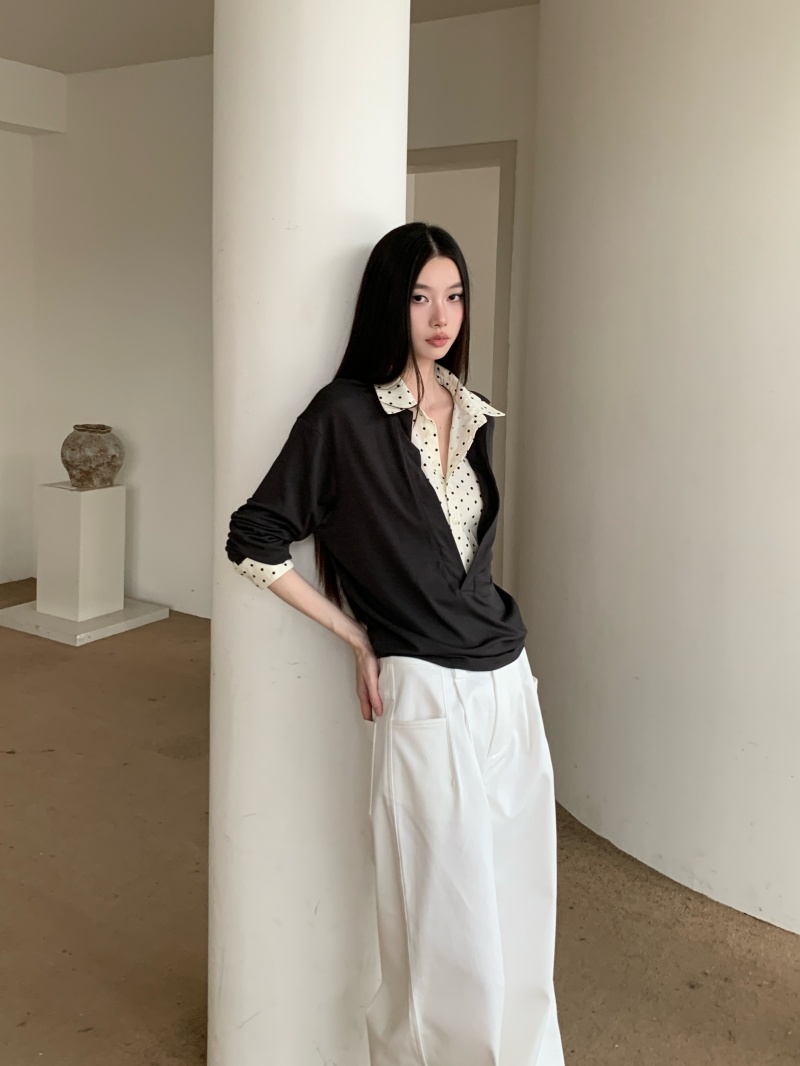 Original Faux Two-Piece Polka Dot V-Neck Shirt Lightweight Breathable Long Sleeve Top - Image 3