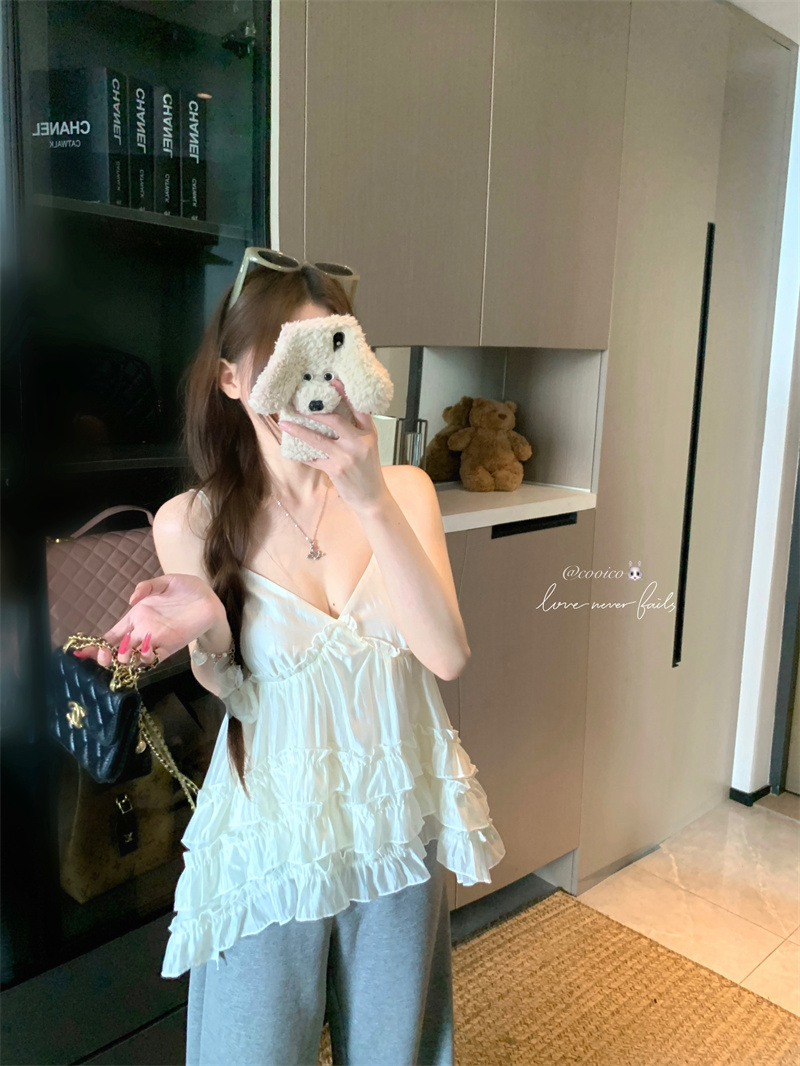 Polka Dot Beige A-Line Camisole Top with Layered Lace Korean Style - Image 2